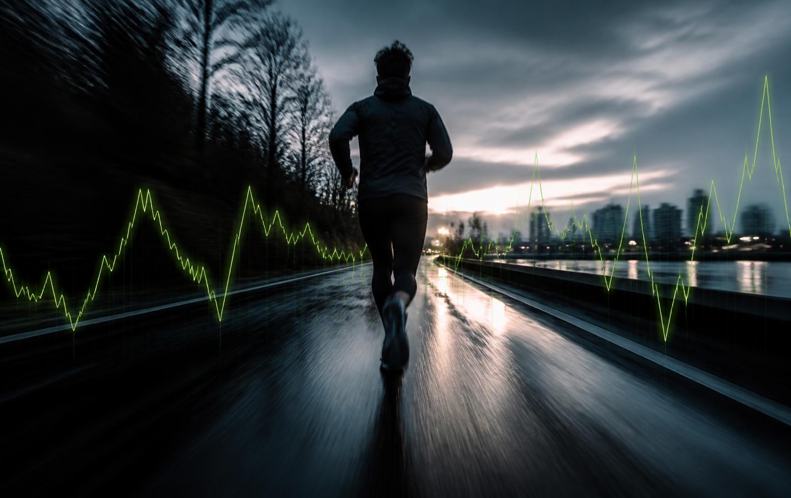 Runner at dawn on wet asphalt with a heart-rate waveform overlay